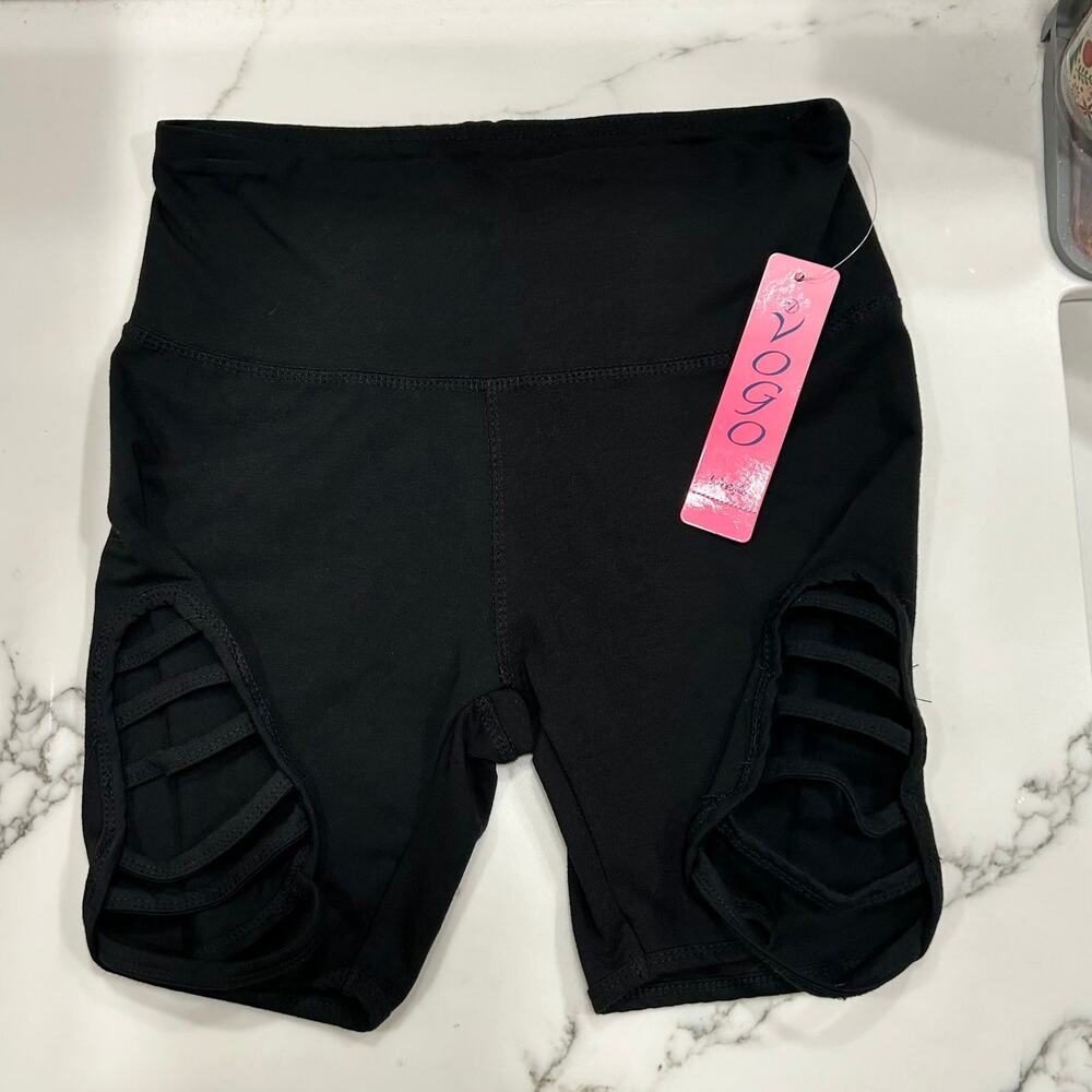 Vogo Athletica Strappy Side Cut Biker Shorts Black Yoga Workout Size Small NWT